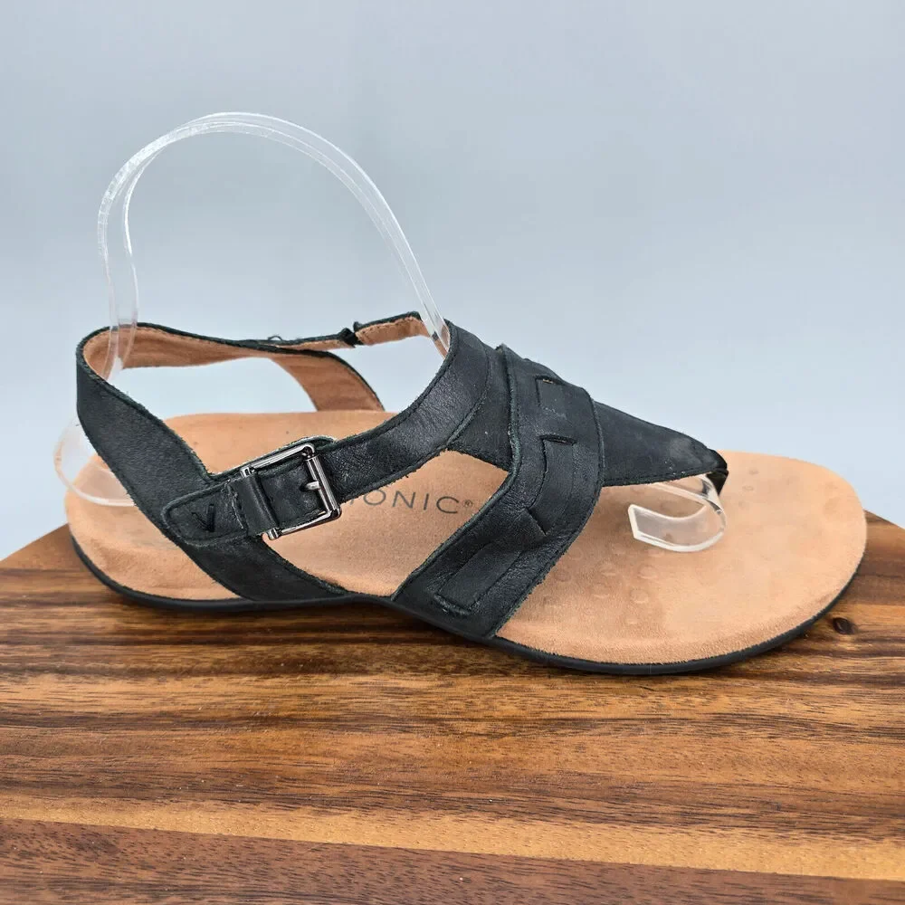Vionic Sandals Womens 9 Wide Black Leather Lupe Comfort Thong Gladiator Orthotic